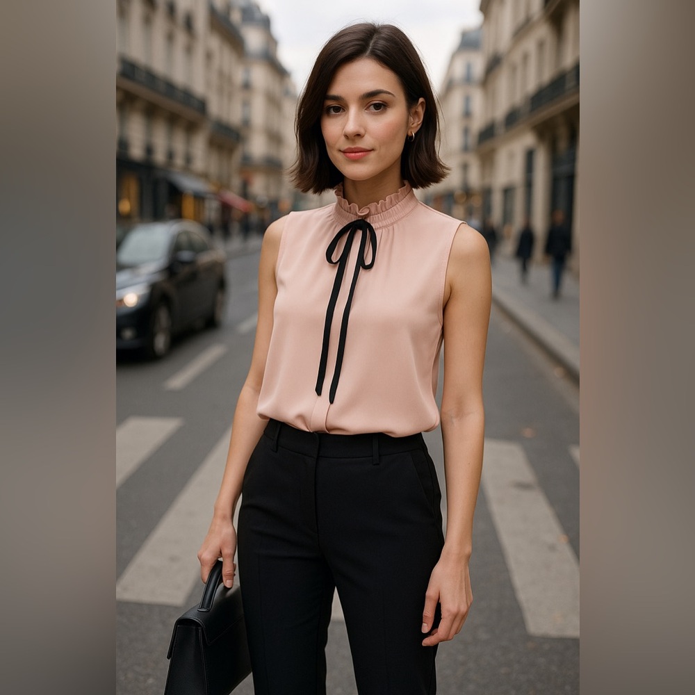 Karl Lagerfeld Paris Blush Pink Pleated Neck Tie Blouse Sleeveless Top Size L